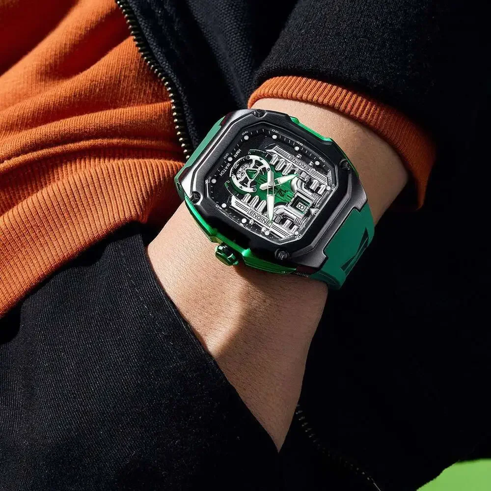 HMN V12 Phantom Engine Skeleton Watch with Green Silicone Strap